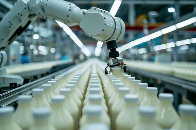 Selective focus of A robot arm in a dairy factory is picking up a stack of white glass bottles fille