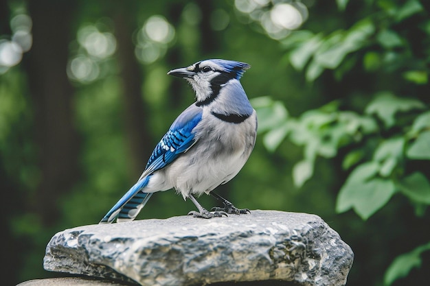 Selective focus shot of a beautiful jay perched on a rock