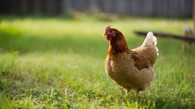 Selective focus shot of a chicken on the grass in the farm