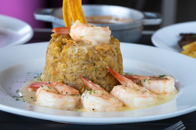 Selective focus shot of Puerto Rican dish Mofongo made of fried plantain