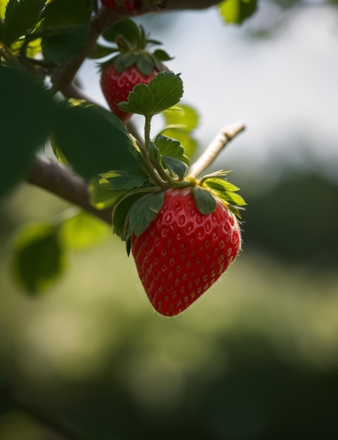 Selective focus shot of strawberry attached to the branch at daytime