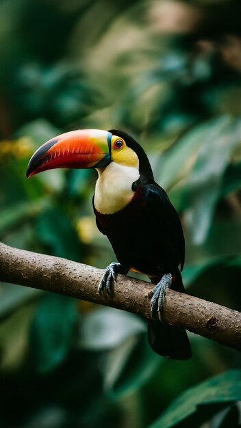 Selective focus shot of a toucan standing on a tree branch