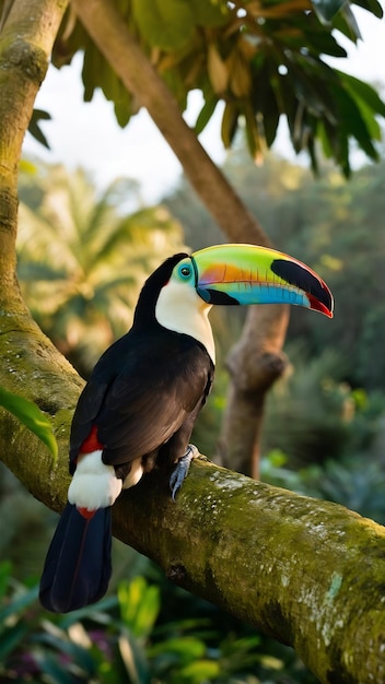 Selective focus shot of a toucan standing on a tree branch