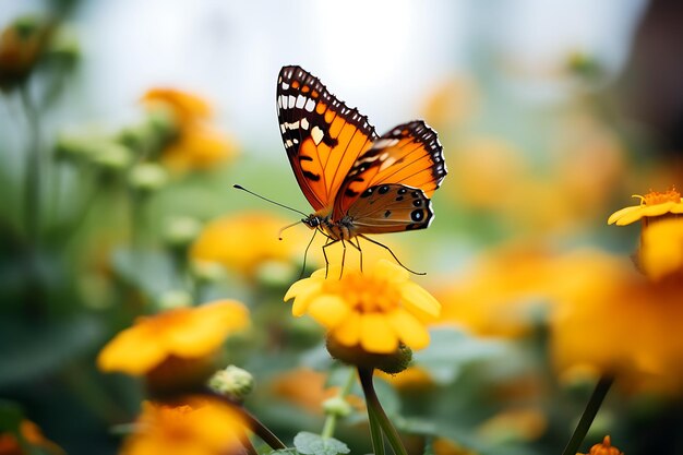 Selective focus shot on Yellow Butterfly and yellow flower