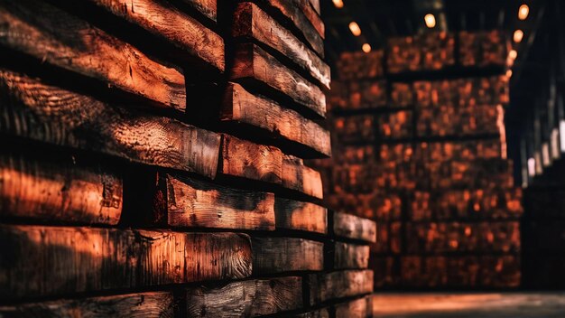 Selective focus of stacked tree lumber under the lights