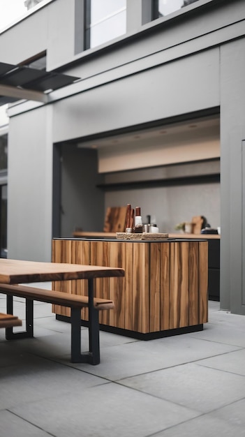 Selective focus on wooden kitchen island empty dining table with copy space for display products cl