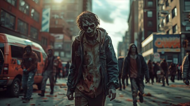 Photo selective focus of zombies are walking on the city streets