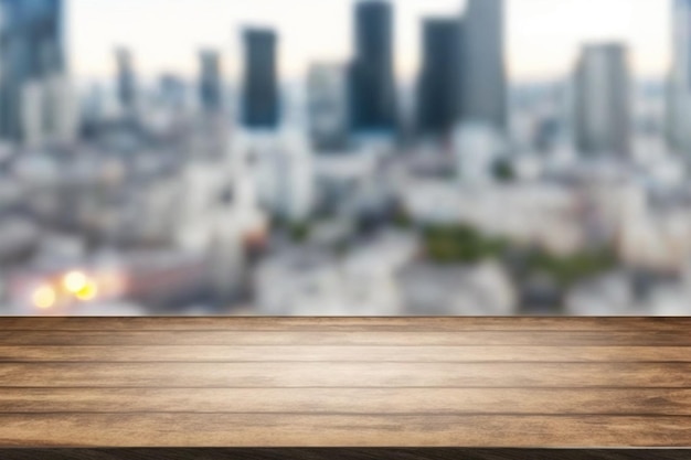 Selective focusTop of wood table with window glass and cityscape background