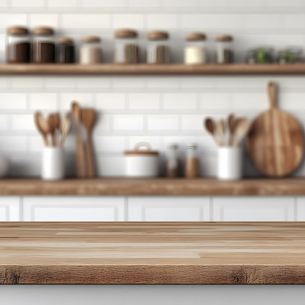 selective focuswood top kitchen island on blur kitchenware on white wall interior isolated on