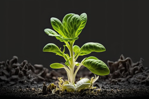 Selective The young plant is shown up close in this photograph Planting the seeds of a green salad