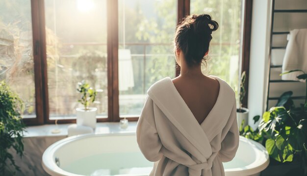 Photo self care treatment concept waist up back side portrait of slender young woman removing her bathrob