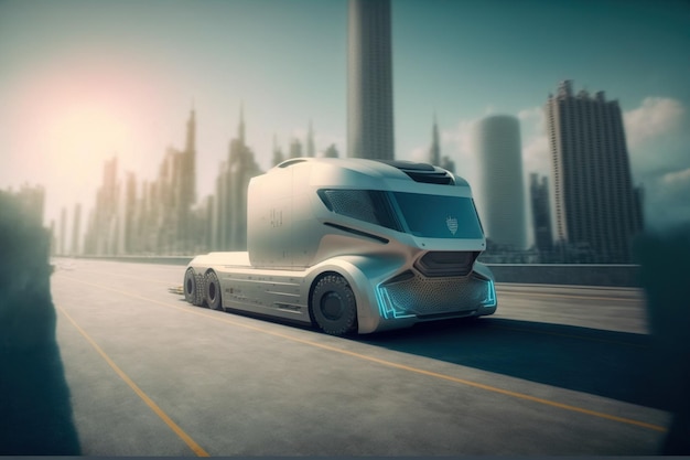 Self driving futuristic freight truck deliver goods to warehouse on city highway