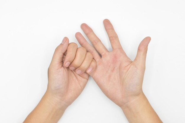 Self hand massage by asian young man Fingers and hand joint health