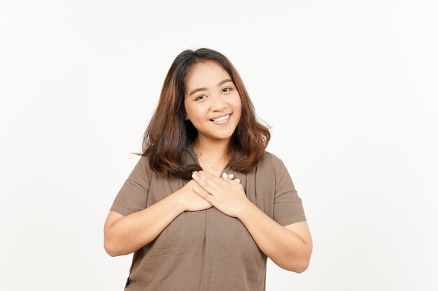 Self love hand on chest of Beautiful Asian Woman Isolated On White Background