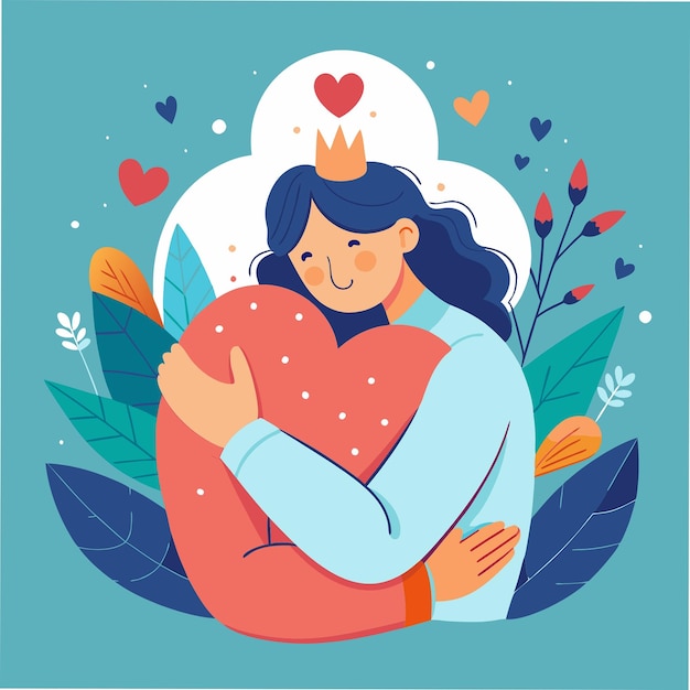 Photo self love with heart hug as mental healthcare and esteem tiny person concept holding yourself and be proud about body inner peace and acceptance vector illustration