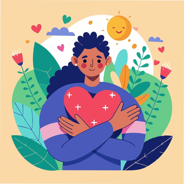 Photo self love with heart hug as mental healthcare and esteem tiny person concept holding yourself and be proud about body inner peace and acceptance vector illustration