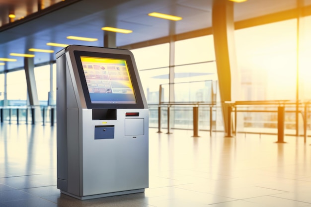 Photo self service machine and help desk kiosk at airport terminal for check in print boarding pass or buying ticket business travel and holiday trip concepts