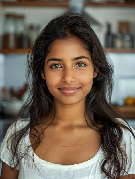 A selfassured attractive Indian woman posing for a headshot in her kitchen at home