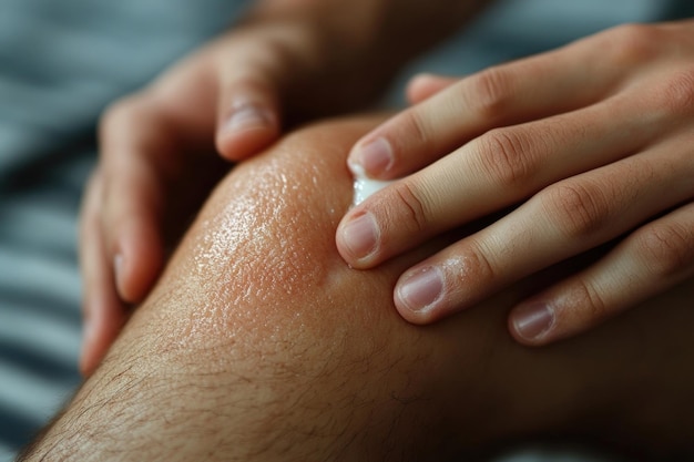 Photo selfcare essentials applying ointment to treat knee abrasion for quick healing