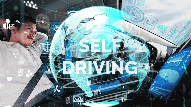 Selfdrive autonomous car with man at driver seat conceptual