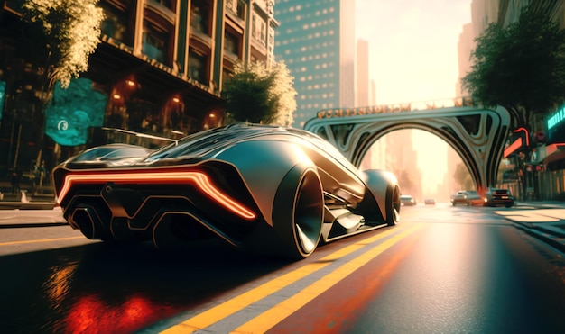 A selfdriving car navigating the streets of a futuristic city