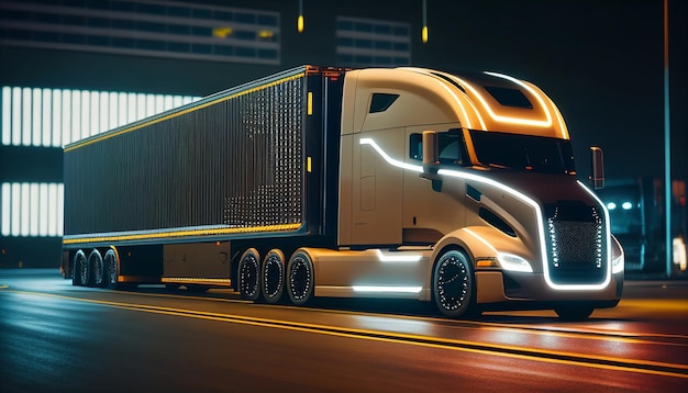 A selfdriving futuristic freight truck delivers supplies to a warehouse on a city highway route using advanced scanning sensors for safety and speed control as well as Generative AI