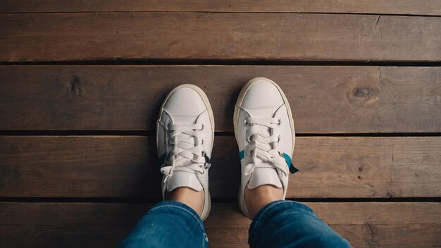 Selfie of feet in fashion sneakers on wooden floor background top view with copy space