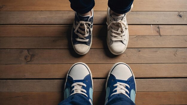 Photo selfie of feet in fashion sneakers on wooden floor background top view with copy space