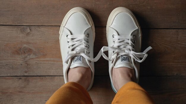 Selfie of feet in fashion sneakers on wooden floor background top view with copy space