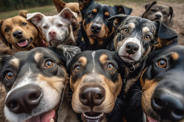 Selfie of a group of dogs on a background of other dogs generative ai