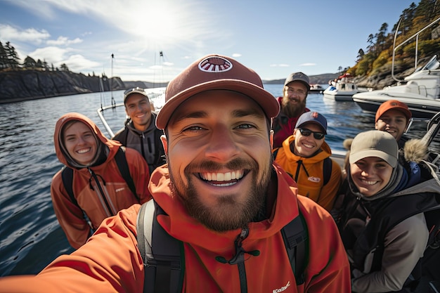 selfie of a group of people with a catch after a successful fishing trip In the photo people are smiling and emotions and an atmosphere of satisfaction are conveyed Generative AI