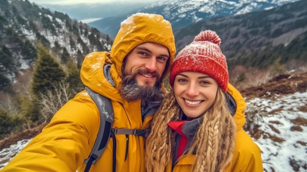 Selfie of a hiking couple in the mountains during the winter The Generative AI