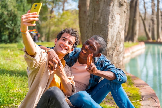 Selfie of a multiethnic gay male couple talking quietly in the park lgbt concept