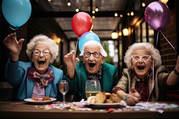 Selfie in Nursing Home Old People Smiling Very Happy Young and Old People Birthday Party Celebration Generative AI Illustration