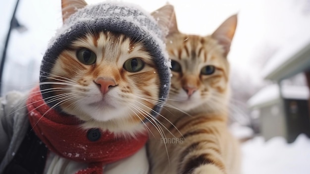 Selfie of a pair of cat wearing hat against winter snowfall ambience background