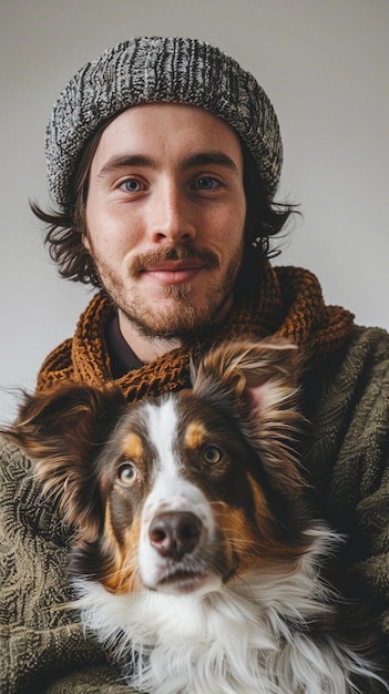 Photo selfie photo of a man wearing hat with his dog on a white background