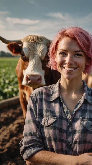 Photo selfie portrait of a smiling pinkhaired female farmer with a cow on a farm background