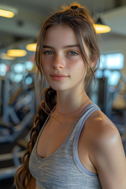 Selfie of a young sportive girl in the gym after the training