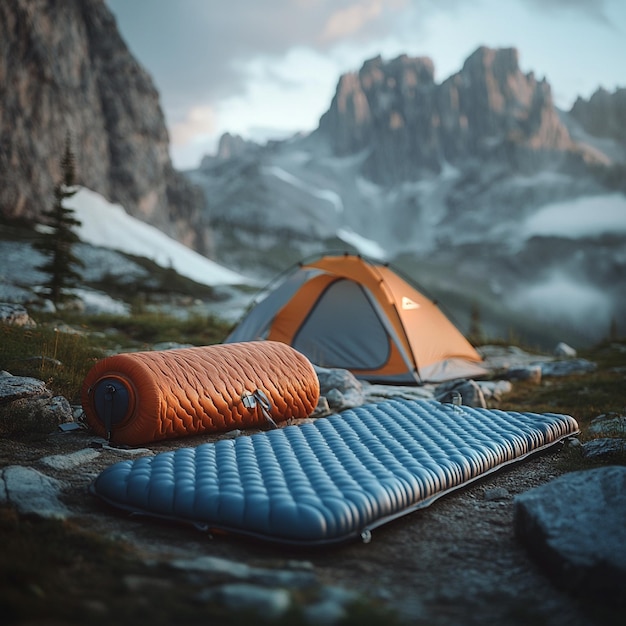 Photo selfinflating sleeping pad with a sleeping bag and tent in a mountain setting