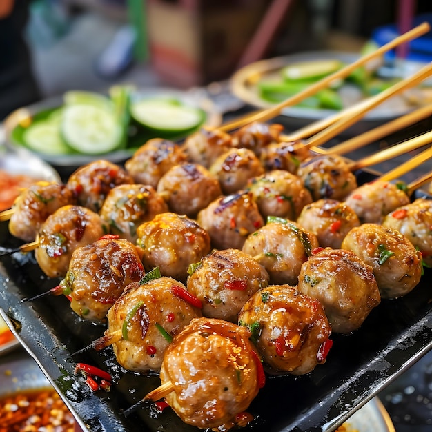 Selling beef meatballs chicken meatballs pork meatballs grilled with spicy dipping sauce delicious easy to eat in Asian street food