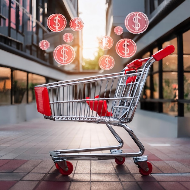 Photo selling and commerce featuring symbols like a shopping cart dollar signs and a storefront symbolizing retail trade and business transactions