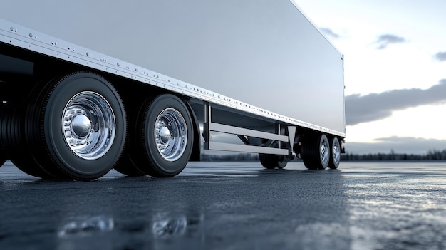 Photo semi trailer truck on a wet road