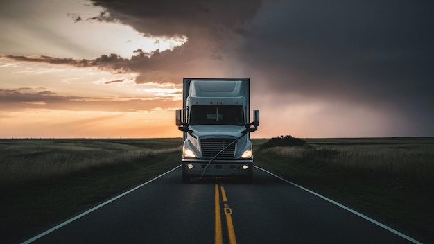 a semi truck drives down a road with a storm coming in the background