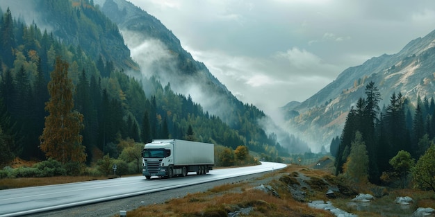 A semi truck drives through the mountains on a winding road