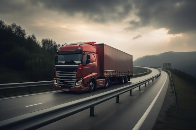 A semi truck driving down a long empty highway at sunset