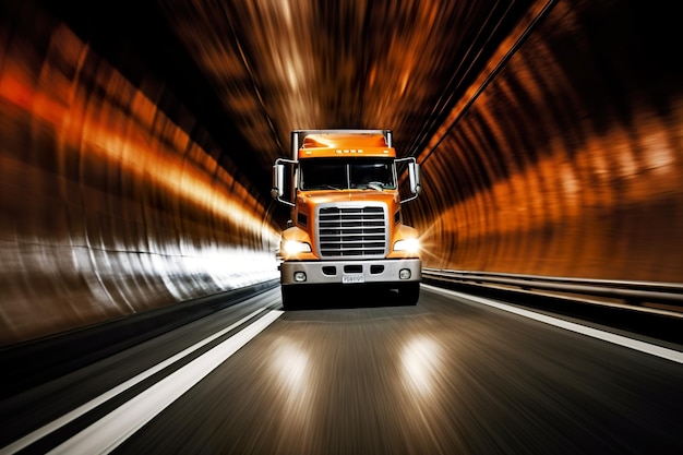 A semi truck driving through a tunnel at night Generative AI image