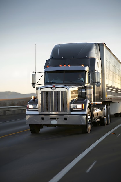 a semi truck with the headlights on is traveling down the highway