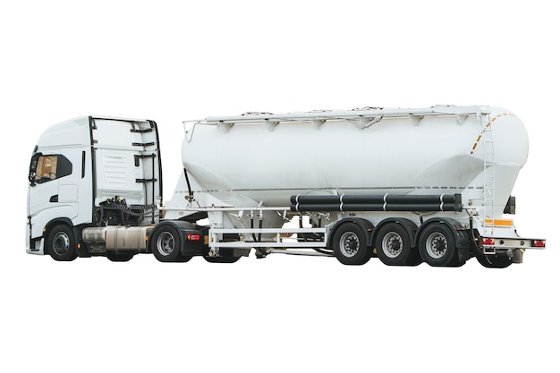 Semi truck with propane tank moving on asphalt road ADR dangerous cargo side view Transporting dangerous goods Hightemperature liquid hazard and miscellaneous hazard label on dangerous goods tank