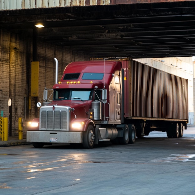 Semi truck with a red trailer on the front