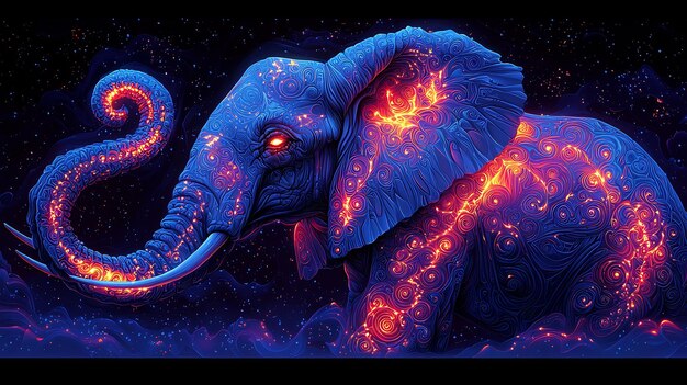 Semiabstract elephant trunk spiraling into glowing neon pattern symbolizing wisdom strength patience